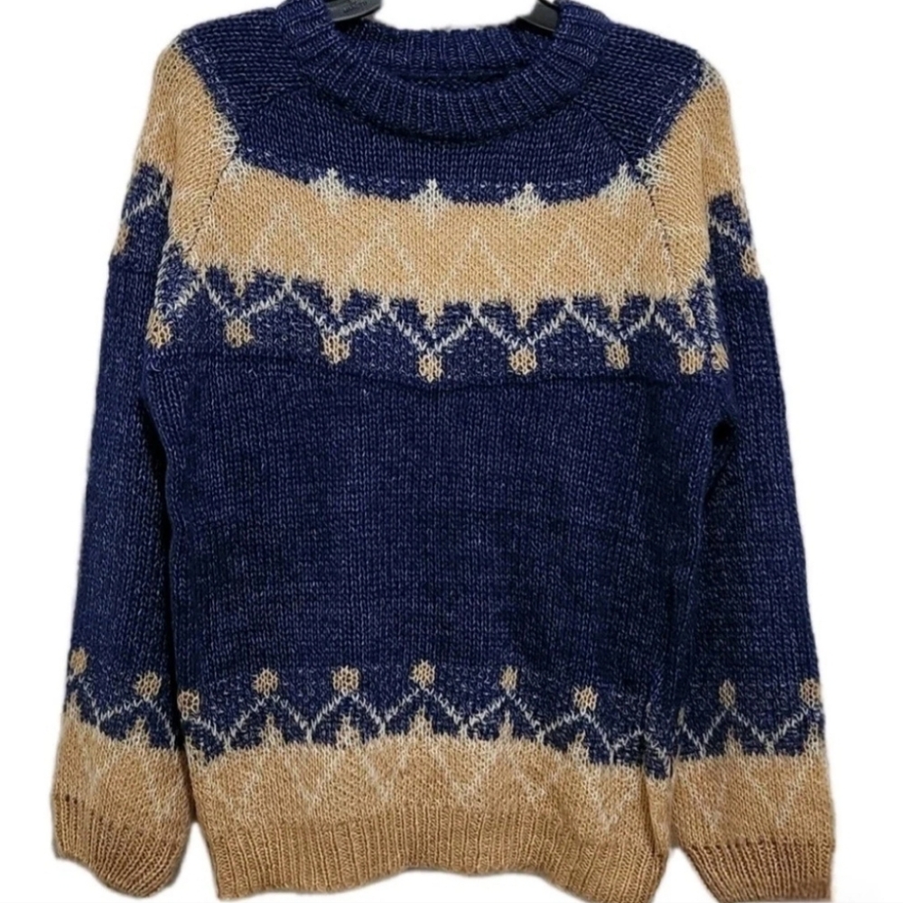 100% Mohair Fair Isle Sweater Women's M Blue Tan Crewneck Cozy Cabincore Retro